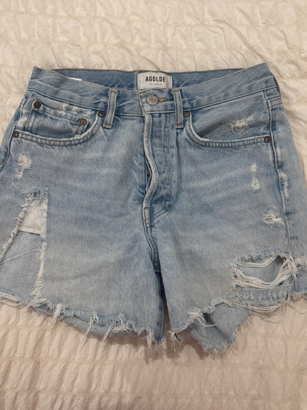 Agolde Light Wash Distressed Denim Cutoff Shorts